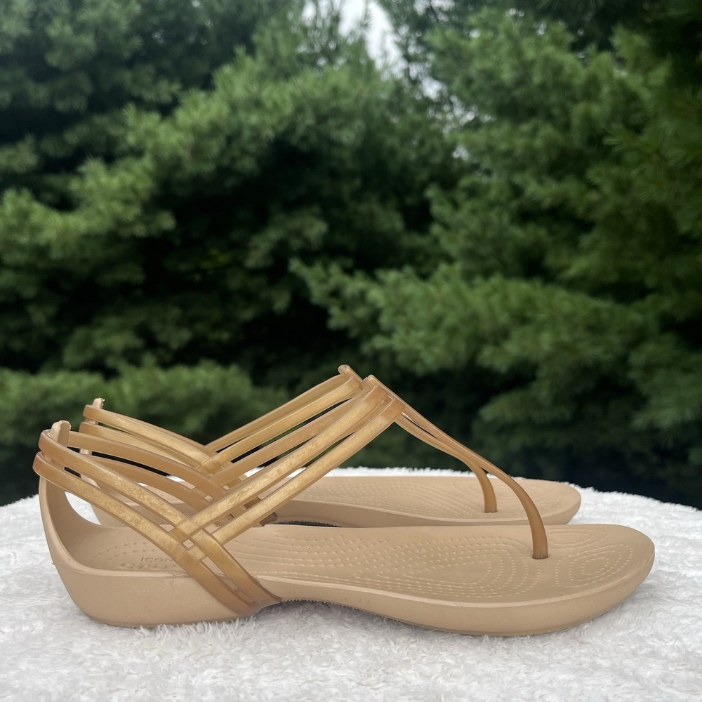 Crocs Isabella T-Strap Sandal Women Size 8 Bronze Nude Jelly Thong Slip On Shoes